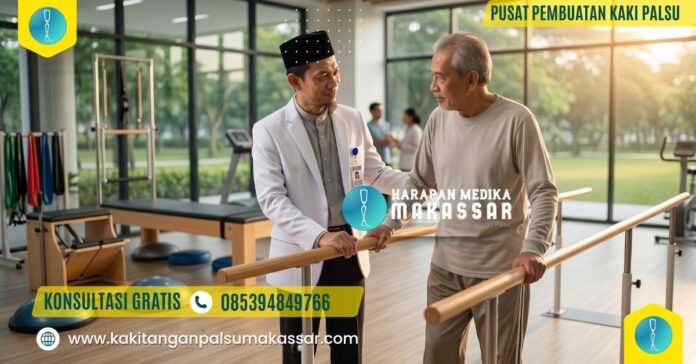 Terapis pria berpeci hitam membantu latihan jalan pasien pasca pemulihan operasi amputasi kaki