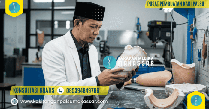 Teknisi mengevaluasi syarat memakai kaki palsu di klinik Makassar Teknisi mengevaluasi syarat memakai kaki palsu di klinik Makassar