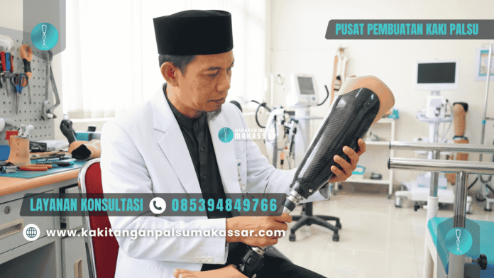Teknisi pria memeriksa soket kaki palsu bawah lutut longgar Teknisi pria memeriksa soket kaki palsu bawah lutut longgar