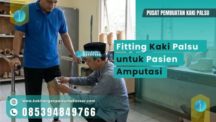 Teknisi melakukan fitting kaki palsu pada pasien amputasi
